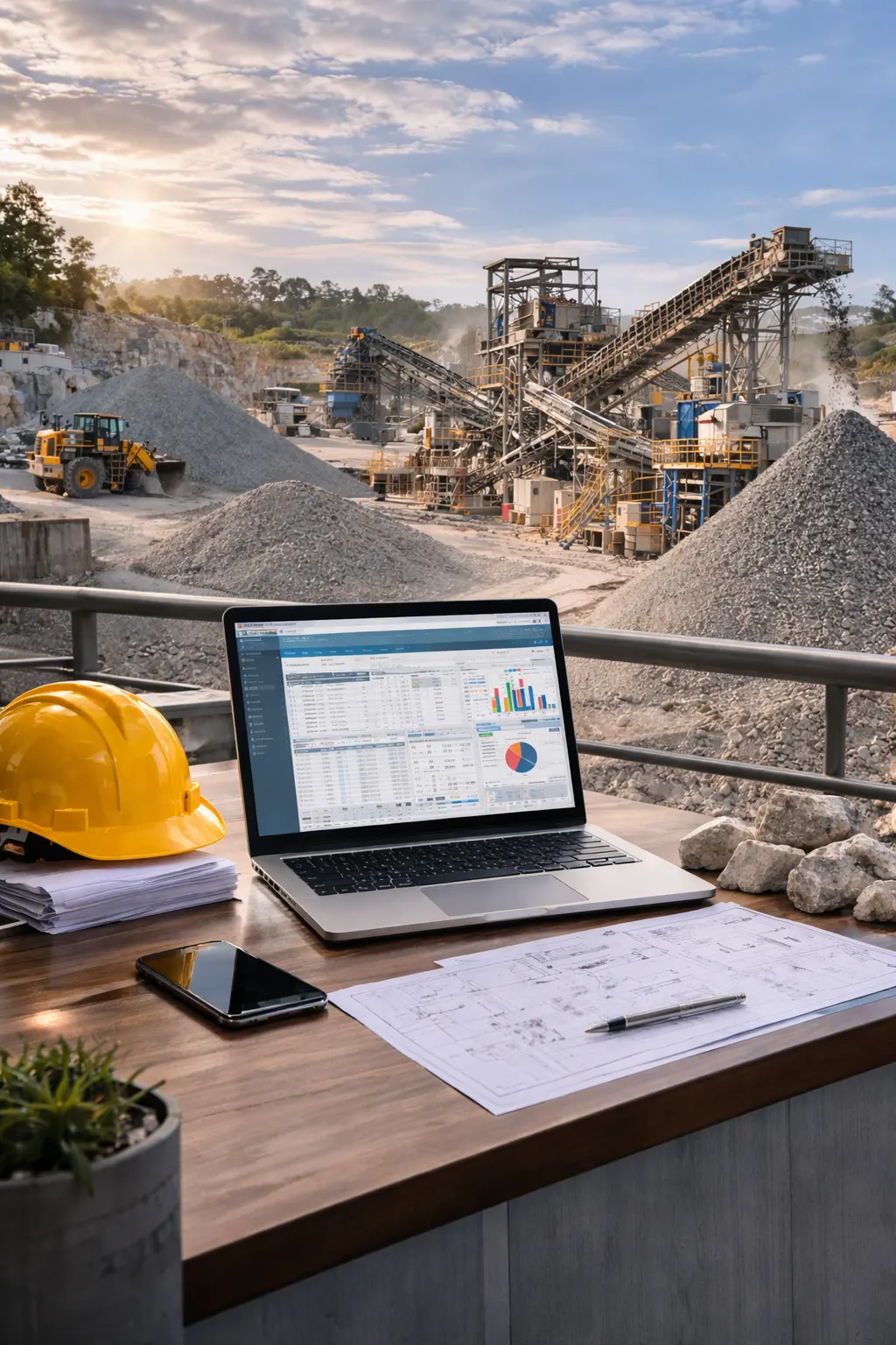 a laptop with crusher management software and background with crusher management site