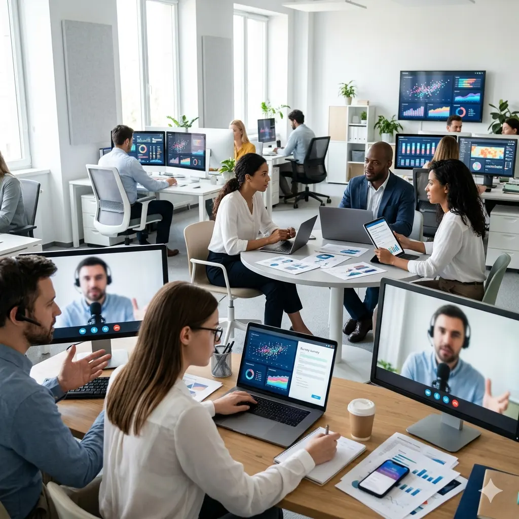 people sitting and collecting data with video and face to face interaction
