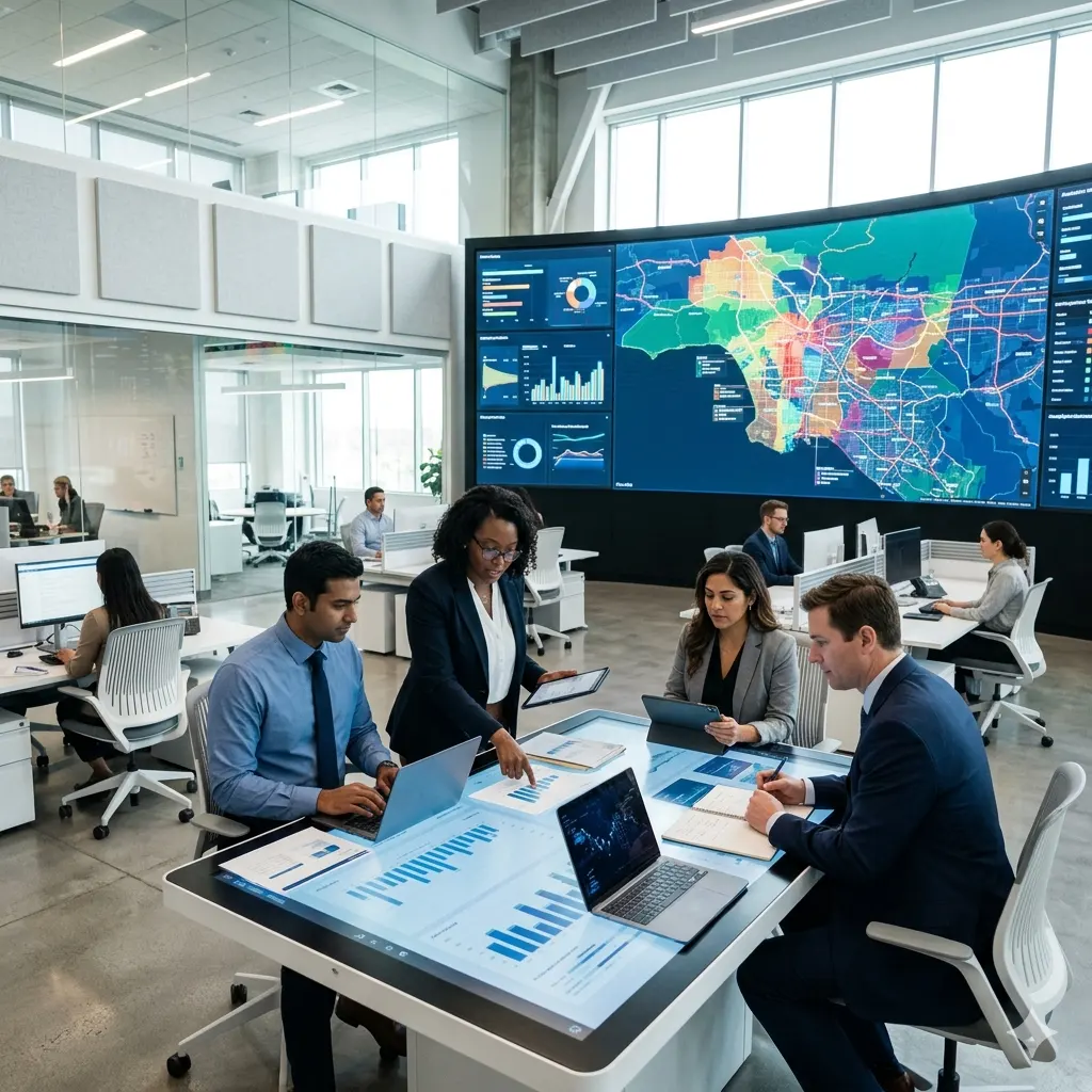 people using property tax software and big dashboard with map in the background