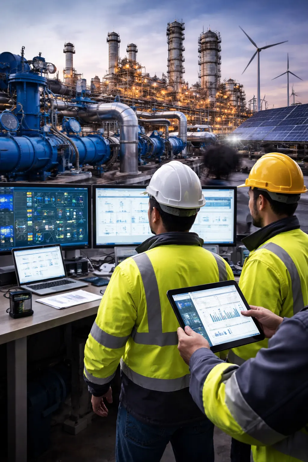 a monitor with maintenance-management software and people checking if thier is maintenance is thier or not