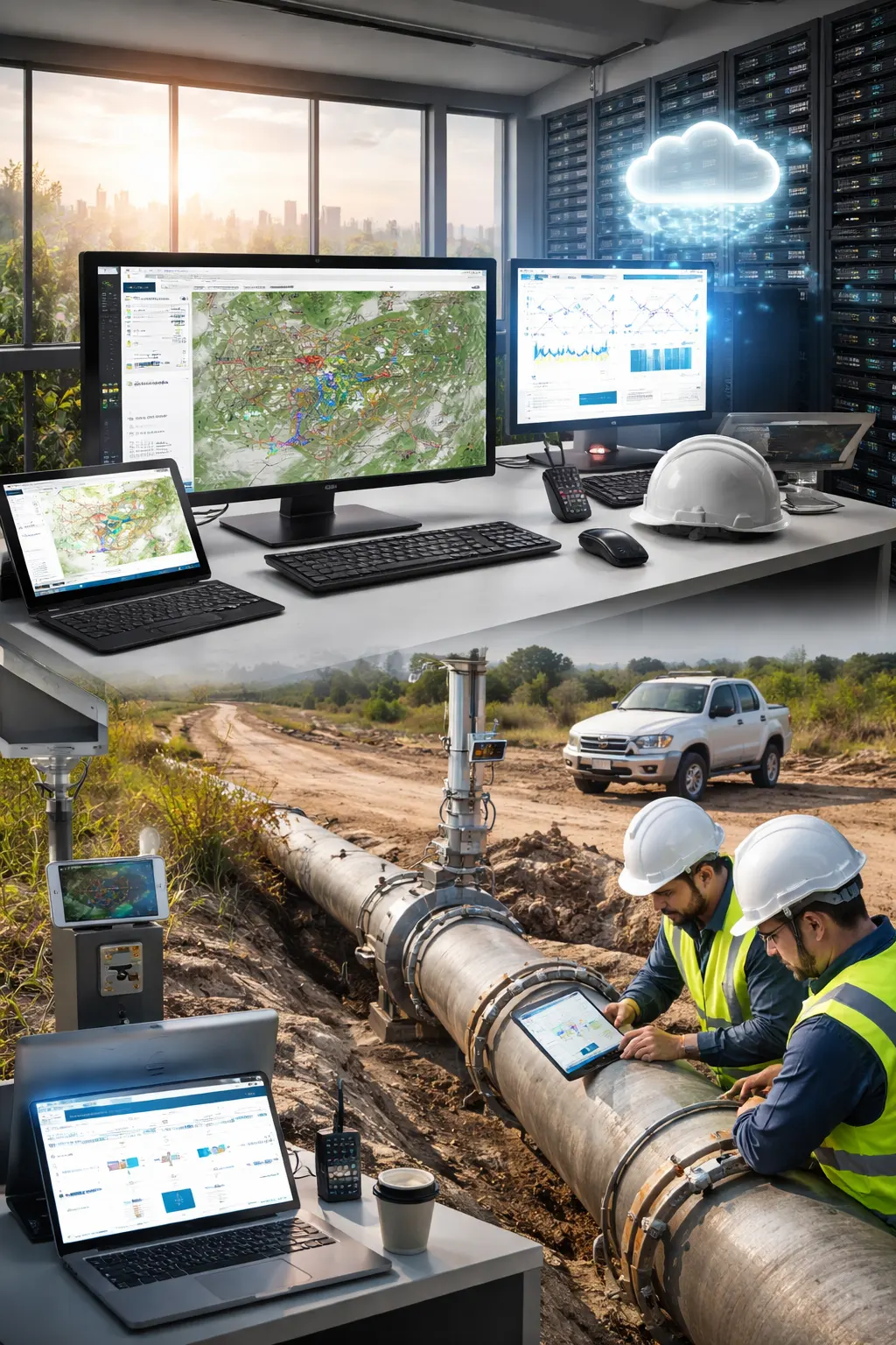 the software showcasing the exact location of the defect in pipe and two people fixing the pipe